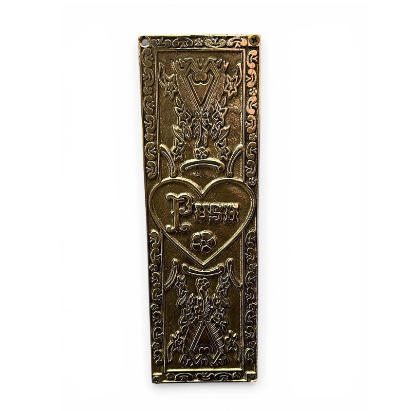 Decorative Brass Door Push Plate with Ornate Heart and Floral Engraved Design