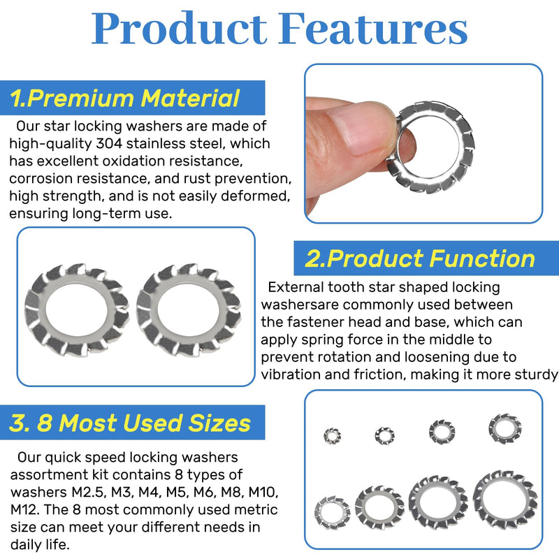 570Pcs External Tooth Lock Washers Multi-Tooth Star Locking Washers Assortment Kit 304 Stainless Steel Washer Sets M2.5 M3 M4 M5 M6 M8 M10 M12 Frequently Used in High-Vibration Environments External Tooth Washers-Silver