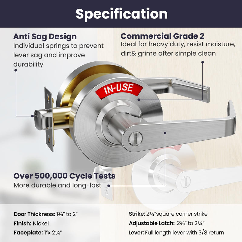 Privacy Indicator Door Lock Inuse or Vacant, Occupied Bathroom Door Handle, Commercial Large Door Lever Deadbolts, ANSI Grade2, Perfect for Restrooms, Office Buildings, Bars (Satin Chrome) Satin Chrome