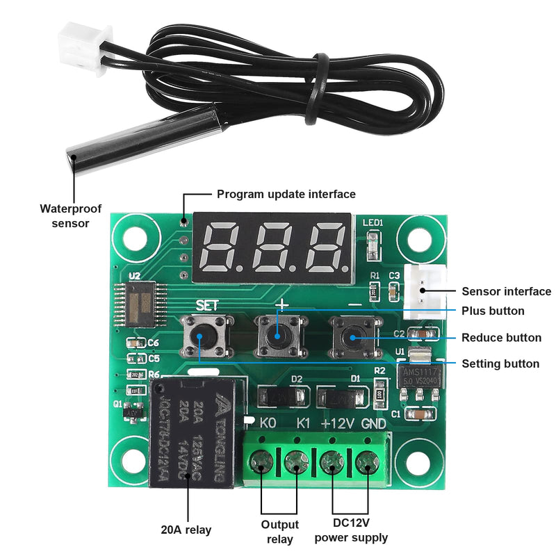 W1209 DC 12V Digital Temperature Controller Board Blue Digital Display Thermostat -50-110°C Electronic Temperature Temp Control Module Switch with Waterproof Case (1-Pack) 1pc Blue