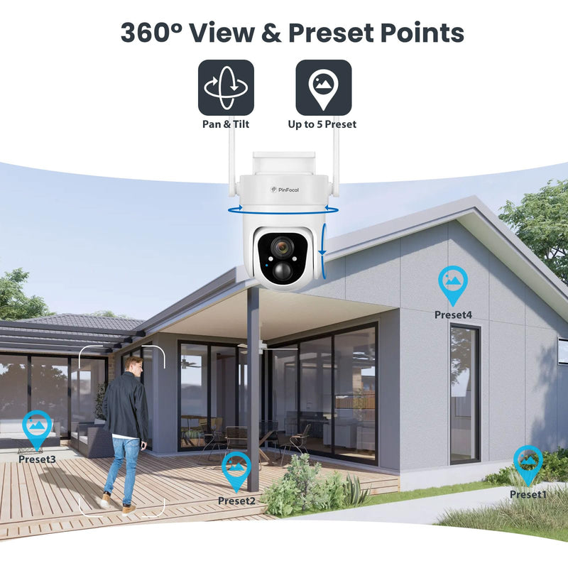 2K Solar Security Camera Wireless Outdoor, 360° View Pan/Tilt Battery Camera for Home Security, Color Night Vision, Spotlight, 2-Way Audio, PIR Motion Sensor, 2.4GHz WiFi Only, Weatherproof