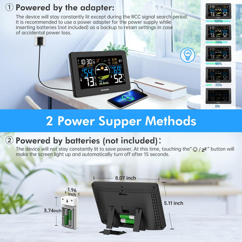 Weather Station Wireless Indoor Outdoor, Digital Thermometer with Remote Sensor, 7.5'' HD VA Display Home Weather Stations, Accurate Temperature Humidity Gauge with Weather Forecast, Atomic Clock Black