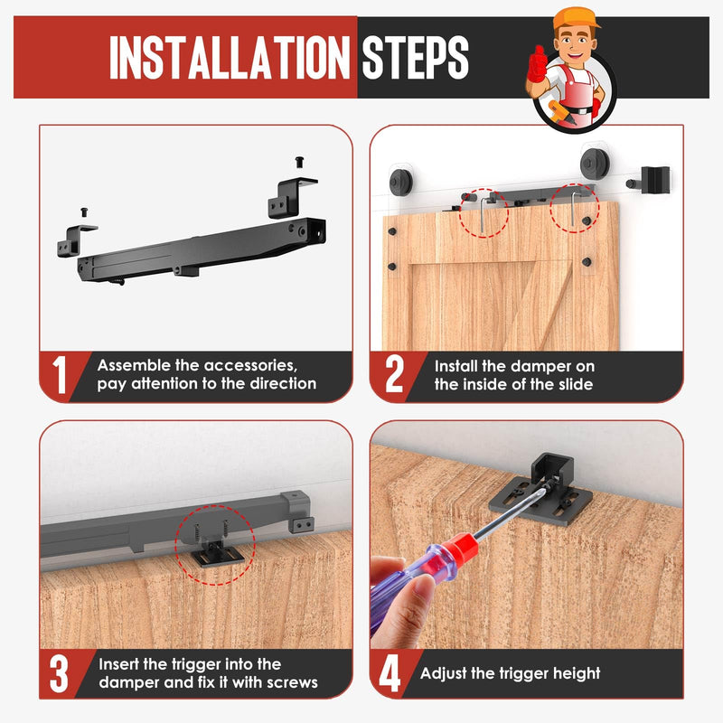 Barn Door Hardware Kit – Soft Close No-Drill (2PCS) | Hydraulic damper for 88-132 lb doors; anti-slam, silent close; protects fingers/pets; fits bedroom, bathroom, closet, pantry Black 2