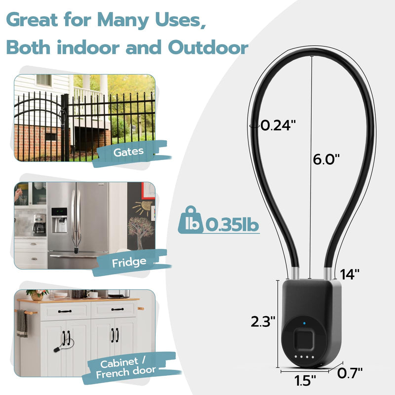 Fingerprint Cable Lock, Fridge Locks with Fingerprint Bluetooth APP Control, Smart Biometric Waterproof Child-Proof Refrigerator Lock for Kids & Adults Fridge French Door Cabinet Gate Black