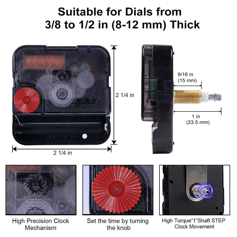 EMOON High Torque Long Shaft Clock Mechanism Kit Replacement Movement with 2 Pairs of 12 Inch Long Spade Hands,Black (Total Shaft Length 1 1/16 in) Total Shaft Length 1 1/16 in Black