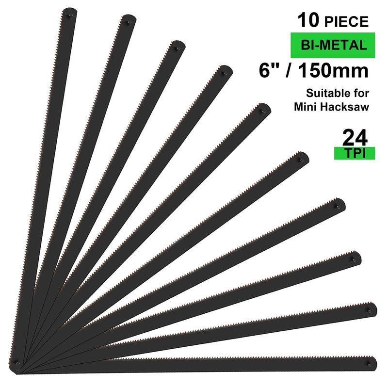 10 Pc Professional High Speed Steel Mini Hacksaw Blades, 6" / 150mm Blade, 24TPI Spare Blades for Cutting Wood & Metal 6in.Bi-Metal Blades