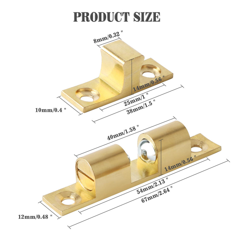 Alise Double Roller Catch Cabinet Latches,Adjustable Double Ball Tension Roller Catch Latch Brass Cabinet Door Latch,67mm Solid Brass Cabinet Latches and Catches,Pack of 4 67mmX40mm Gold