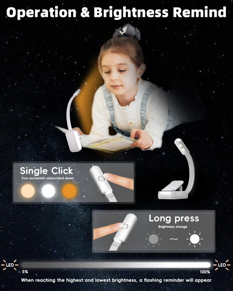 Book Light,Reading Lights for Books in Bed,AAA Battery Clip-On Led Reading Light with 3 Colors & Stepless Dimming,Portable and Ultra-Lightweight with Long Runtime(White) AAA-WH
