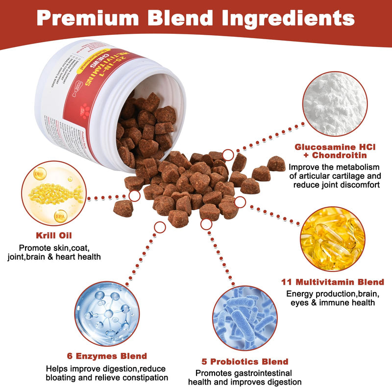 Dog Multivitamin Chewable, with Glucosamine Chondroitin, Digestive Enzymes & Probiotics, for Digestion Support, Immune, Skin, Coat, Joints & Bones Healthy, 120 Chews