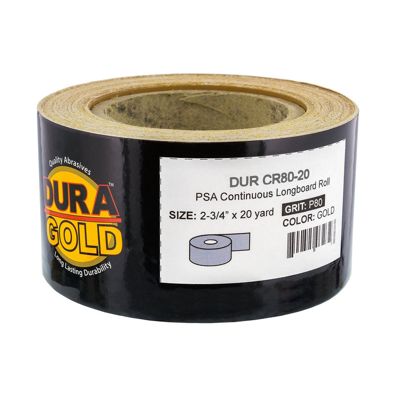 Dura-Gold Premium 80 Grit Gold PSA Longboard Sandpaper 20 Yard Long Continuous Roll, 2-3/4" Wide - Self Adhesive Stickyback Sandpaper for Automotive, Woodworking, Air File Sanders, Hand Sanding Blocks 80-Grit