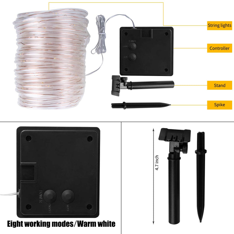 Brightown Solar Rope Lights, 39FT 100LED Outdoor Solar String Lights, IP65 Waterproof Solar Powered Fairy Lights with 8 Lighting Modes for Party Garden Yard Home Holiday Tree Decoration, Warm White 100 LED