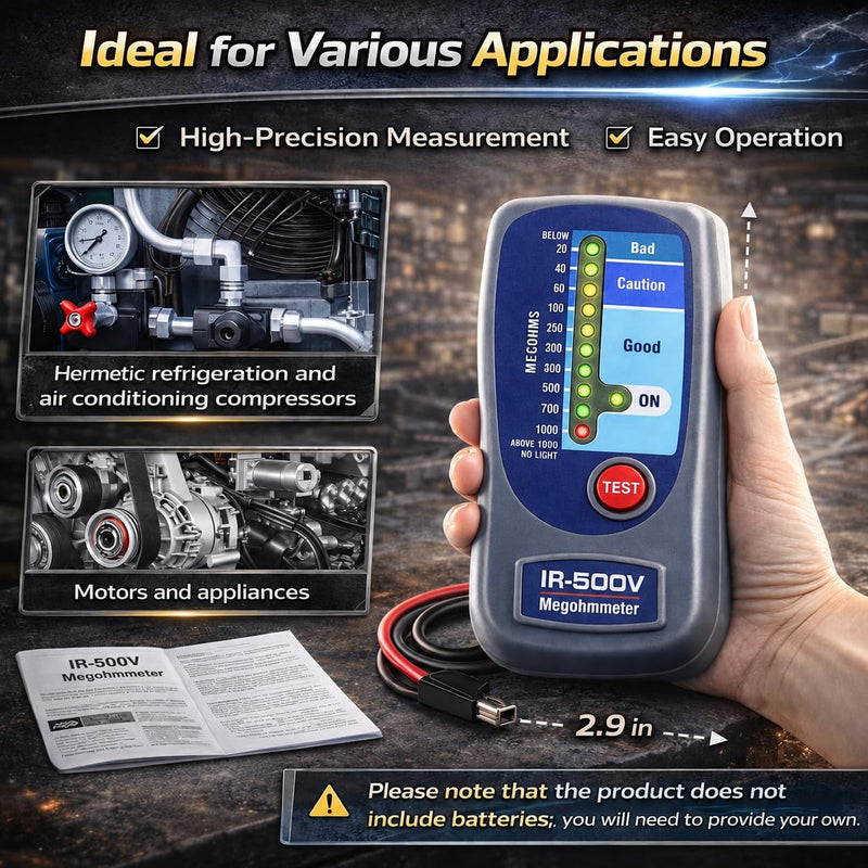 500V Insulation Tester Megohmmeter, 500V Digital Insulation Resistance Tester up to 1000MΩ, HVAC Compressor & Motor, Battery Operated, Includes Soft Carrying Cas