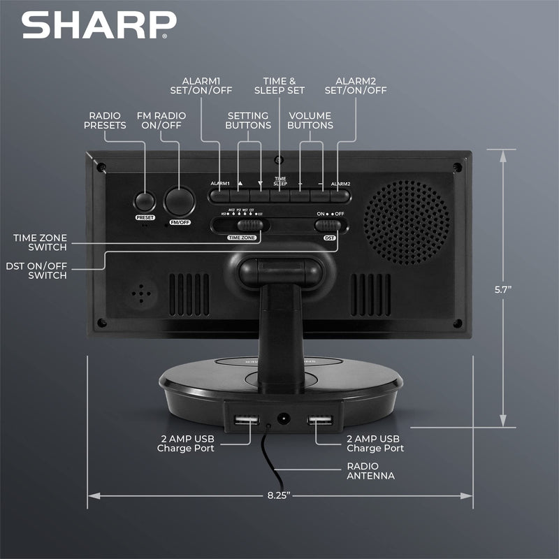 Sharp Digital Alarm Clock, 8.9" Extra Large LED Clock with Tilt and Swivel Display, AccuSet Automatically Sets The Time, Dual USB Charger Ports, FM Radio, 3 Level Adjustable Dimmer Brightness