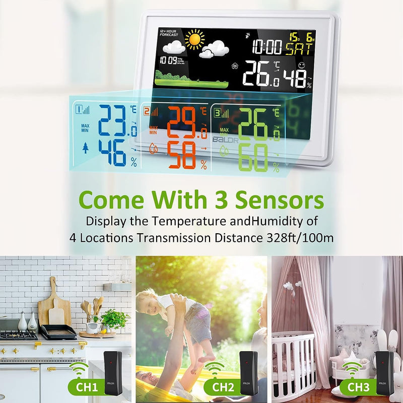 BALDR Wireless Weather Station with 3 Sensors, Color Display Digital Atomic Clocks with Indoor Outdoor Temperature White