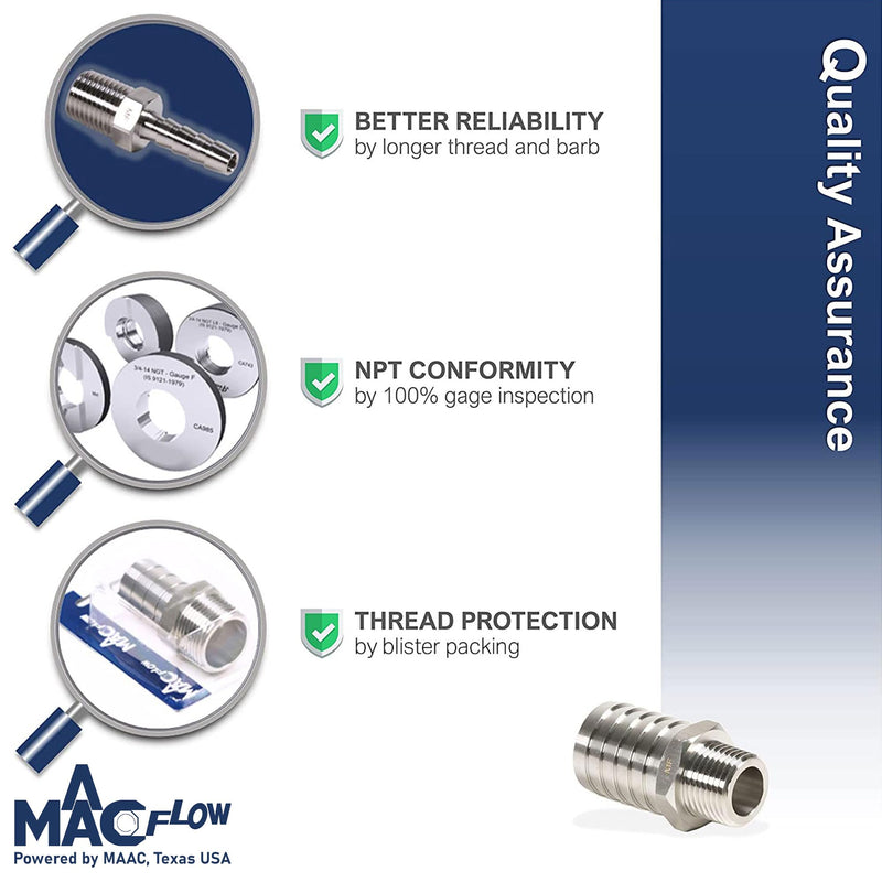 MAACFLOW Stainless Steel 1/8" Male NPT to 5/16" Hose ID Barb Barbed Hose Fitting Adaptor Connector (Pack of 2) 5/16" Barb x 1/8" Male NPT Pack of 2