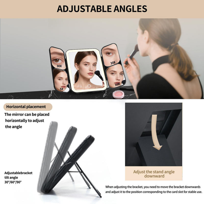 Tri-fold Vanity Mirror with Light,Rechargeable Travel Makeup Mirror with 5X/10X/20X/30X Magnifying Mirror,Touch Screen Dimming Light Up Vanity Mirrors for Travel Home,Black Black