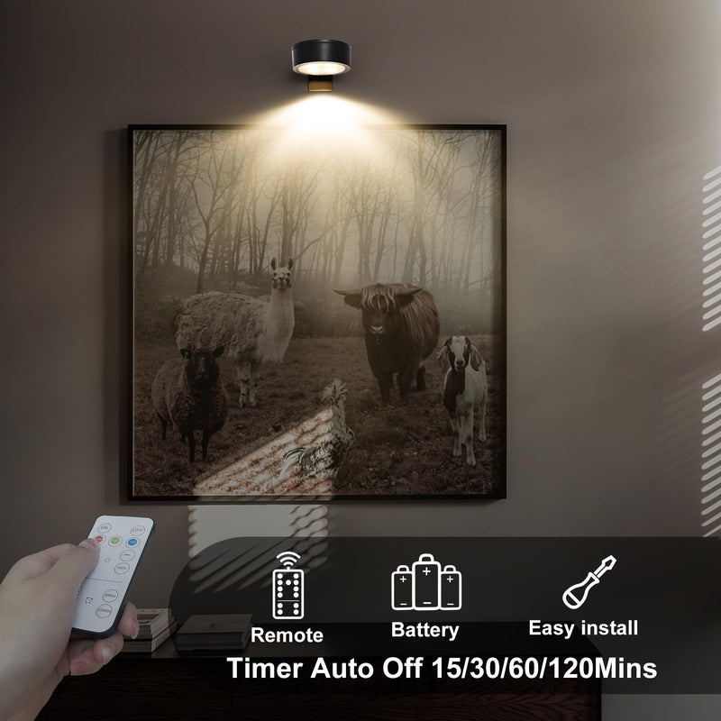 3-Pack Battery Operated Picture Light Magnetic Painting Light with 3 Lighting Modes,Remote and Dimmable Timer Art Display Light for Picture Artworking Frame Portrait,Wireless Wall Decor Puck Lights Black