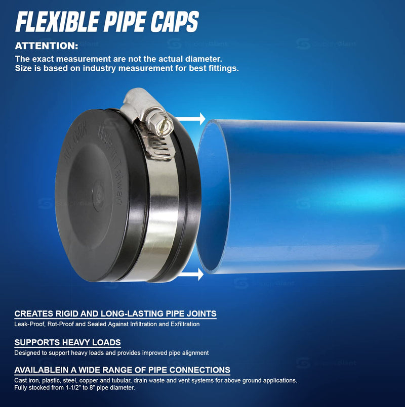 3962 Flexible PVC Pipe Cap with Stainless Steel Clamps, 4", Black 4" Inner and 4-1/2"