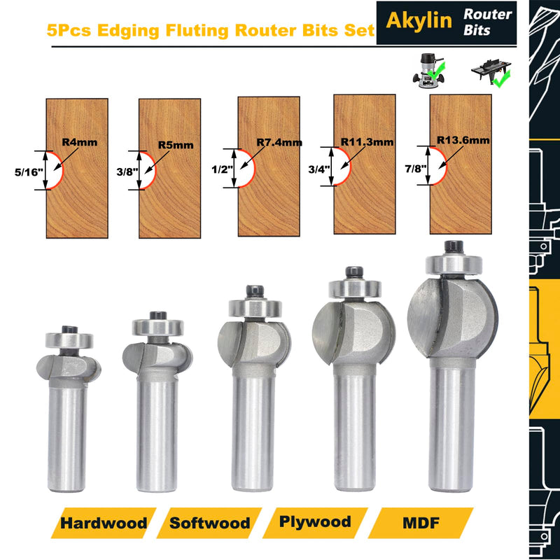 5Pcs Edging Fluting Bits Set,1/2" Shank, Concave Sunk Bead Router Bits Radius R4mm,R5mm,R5mm,R11.3mm,and R13.6mm,Bearing Guided Decorative Edge Bits for Wood Profiling,Molding 1/2"x 5pcs