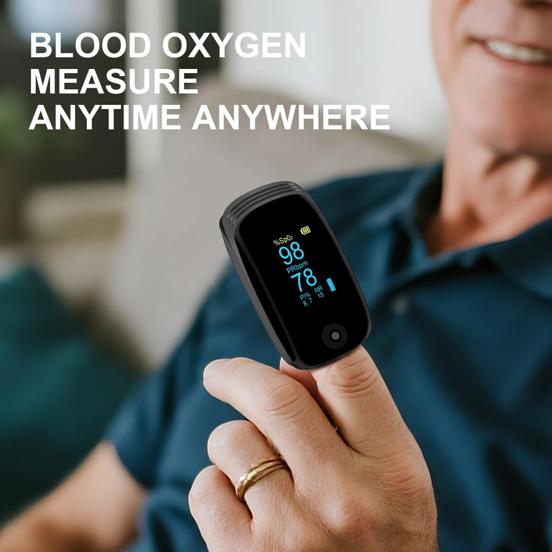 Fingertip Pulse Oximeter with Respiration Rate & Respiratory Monitoring SpO2, Heart Rate, PI & RR Measurements, Blood oximeter Rechargeable 6 Display Modes & 4-Way Rotatable Screen for Home & Sports Use（Black）