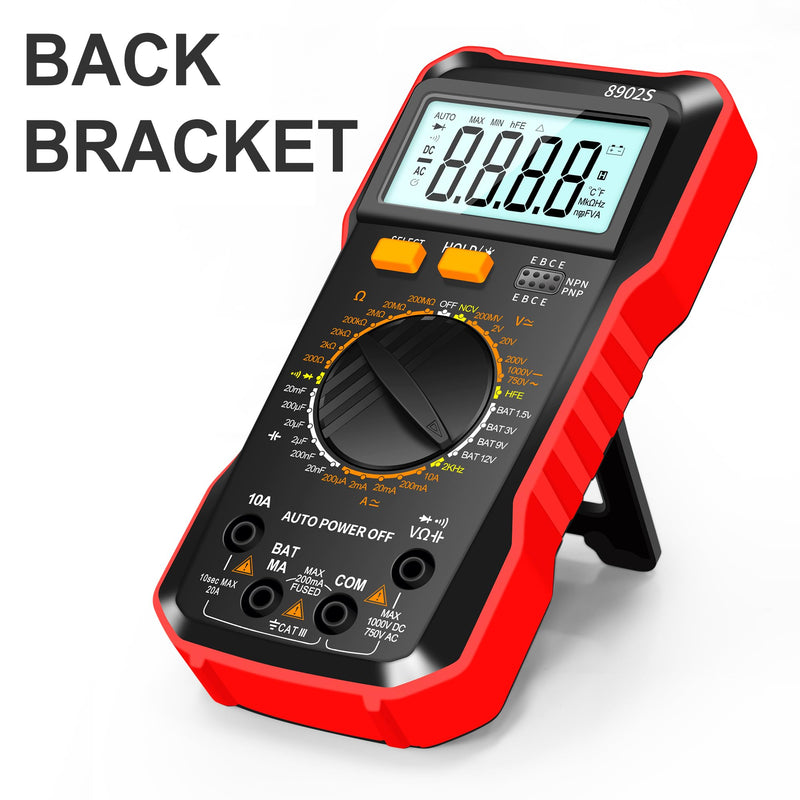Digital Multimeter Multi Tester 2000 Counts Manual-ranging Measurable DCV ACV DCA ACA Capacitance Resistance Frequency with Over Range Protection Backlight LCD Displaying Back Bracket