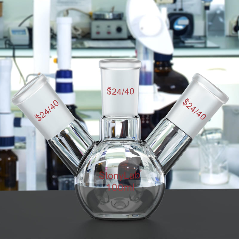 stonylab 3 Neck Flat Bottom Flask, High Borosilicate Glass, 24/40 Standard Taper Joint, Chemistry Laboratory Reaction Flask, 100 ml Capacity