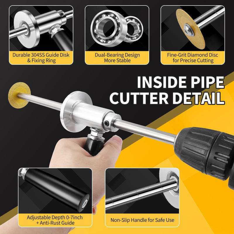 Inside/Internal Pipe Cutter for PVC Pipe, Professional PVC-ABS Pipe Cutter Tool with 7" Adjustable Depth Gauge, Stainless Handle, 5 Diamond Grit Cutting Blades, Gloves, 1/4" Hex Shank and Wire Saw