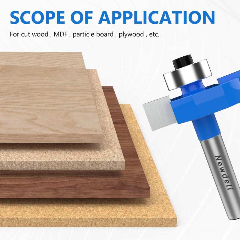 Newdeli Rabbet Router Bit Set 1/4 Inch Shank - 4Pcs Rabbeting Router Bits（1/8",1/4",3/8", 1/2" Height） with 6 Bearings Set (3/8", 1/2", 5/8", 3/4", 7/8", 1-1/8" Bearings) - Wood Biscuit Slot Cutters 4Pcs Rabbet Router Bits-6 Bearings-1/4" Shank