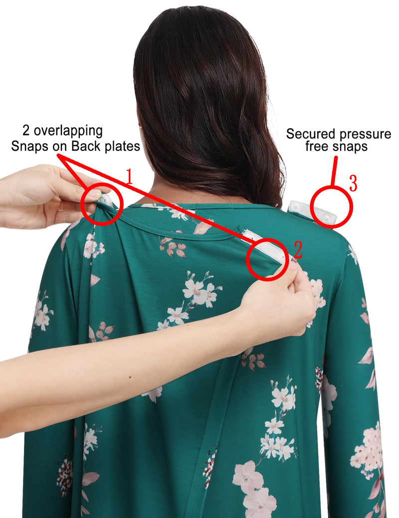 Deyeek Hospital Gowns for Women Tear Away Snap Long Sleeve Open Back Dress Nursing Gowns Post Shoulder Surgery Dress Green Print Large
