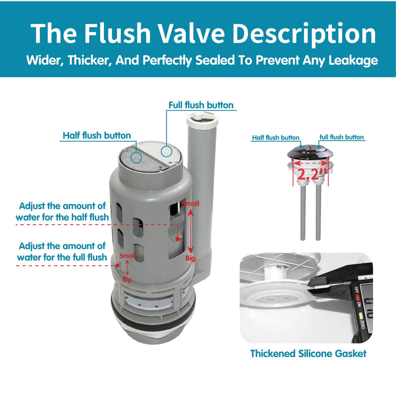 3-Inch Dual Flush Valve Replacement Kit for 2-Piece Toilet - Fits Glacier Bay, Aquasource and Most Universal. Includes 8.2” Flush Valve, Fill Valve, Button, Gasket, Bolts Upgraded 3-Inch Drain Outlet
