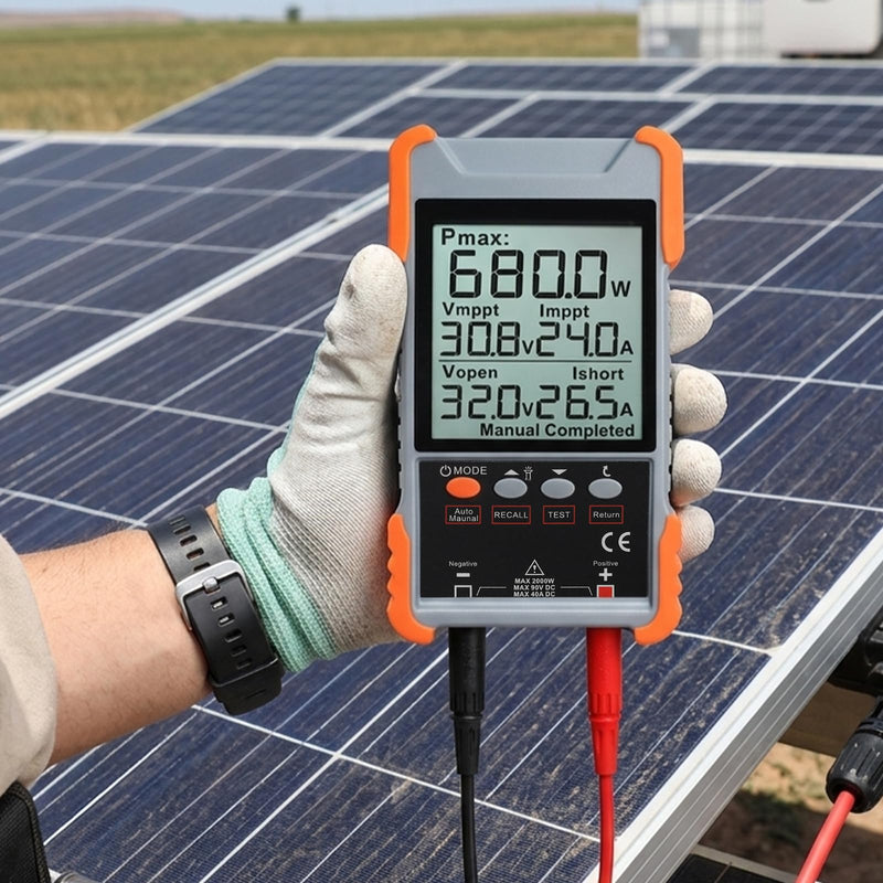 Rechargeable Solar Panel Tester MPPT Meter Solar Power Tester, 2000W 90V/40A PV Panel Monitor, Auto/Manual Test, LCD Screen, TPR Anti-Drop, Overvoltage/Overcurrent/Reverse/Temp Protection