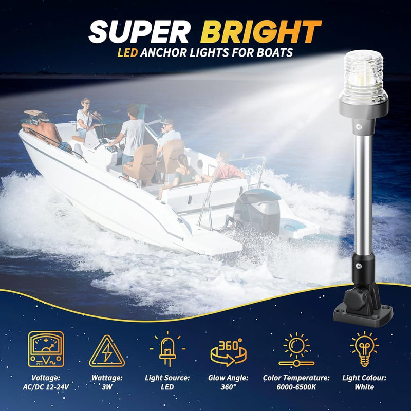 12IN Boat Anchor Light LED Stern Lights Waterproof IP67 White Fold Down Marine Navigation Lights for Jon Boat,Bass Boats and Fishing Boats (12-24V)