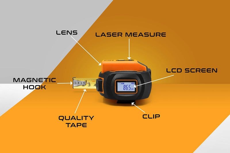 Laser Tape Measure 2-in-1, Laser Measure 196 Ft, Tape Measure 16 Ft Metric and US units with LCD Digital Display, Movable Magnetic Hook, Unit Conversion, Sturdy Build, Consistent and Accurate