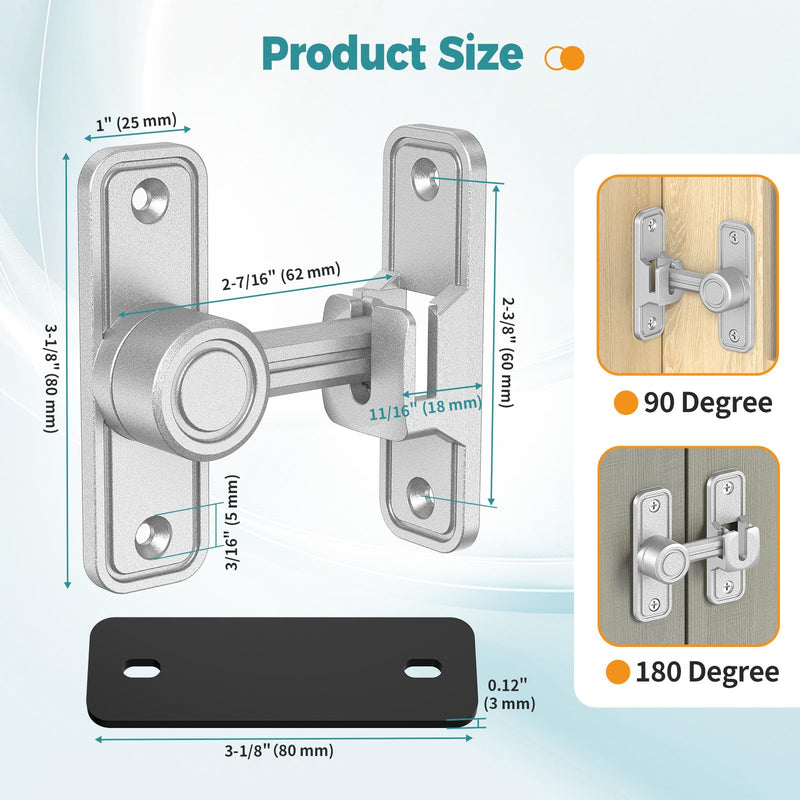 90°/180° Barn Door Lock, Heavy Duty Rust-Proof Zinc Alloy Security Sliding Door Lock - Gate Latch for Barn, Garden, Bathroom, Fence, Cabinet (Silver-2 Pcs) Silver-2 Pcs