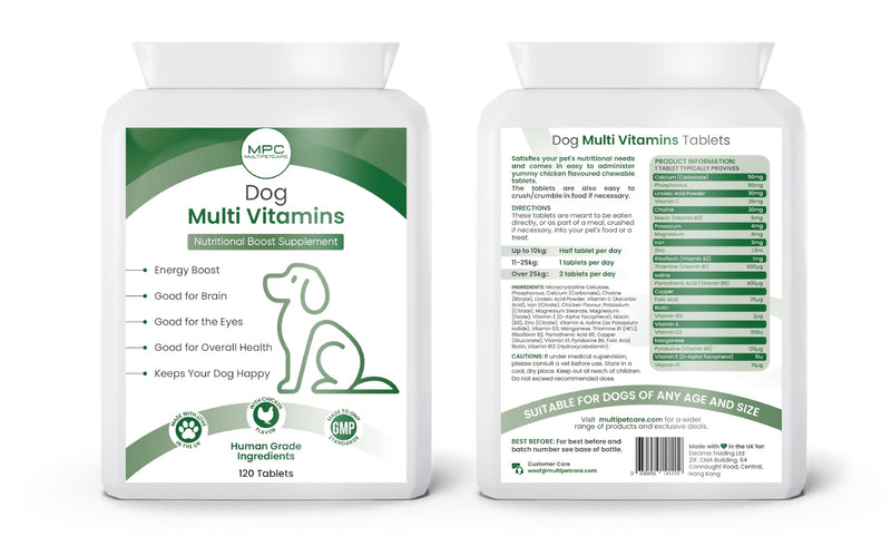 Dog Multivitamin 22-in-1 – Dog Vitamins and Supplements with Calcium, Zinc, Iron & Full B-Complex | Immune, Skin & Coat, Bone & Joint Support | Chicken Flavor Tablets | UK GMP | 120 Ct