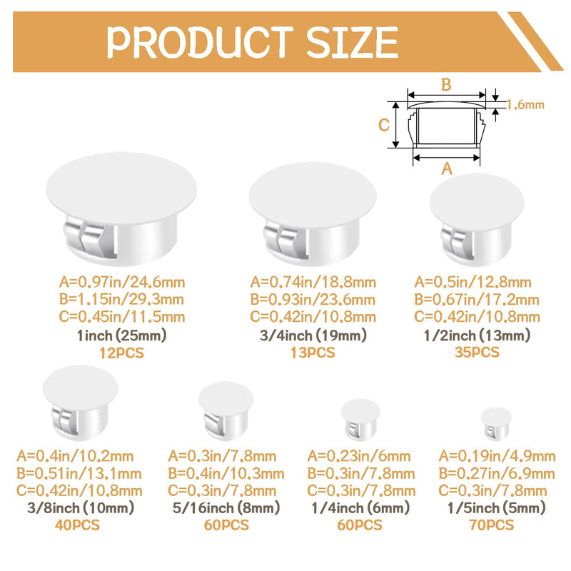 290PCS 7 Sizes Plastic Plugs for Round Holes Nylon Plastic White Hole Plugs, 1" 3/4" 1/2" 3/8" 5/16" 1/4" 1/5" Hole Cover Snap Locking, Used for Plastic Furniture, Cabinet Furniture DD015-w