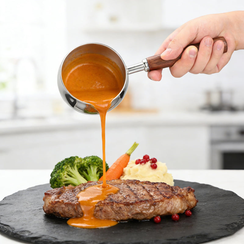 Milk Pot,500ML 17oz Stainless Steel Milk Butter Warmer Pot, Mini Sauce Pan | Milk Boiler with Wooden Handle, Heating Milk, Melting Butter, Warming Sauces
