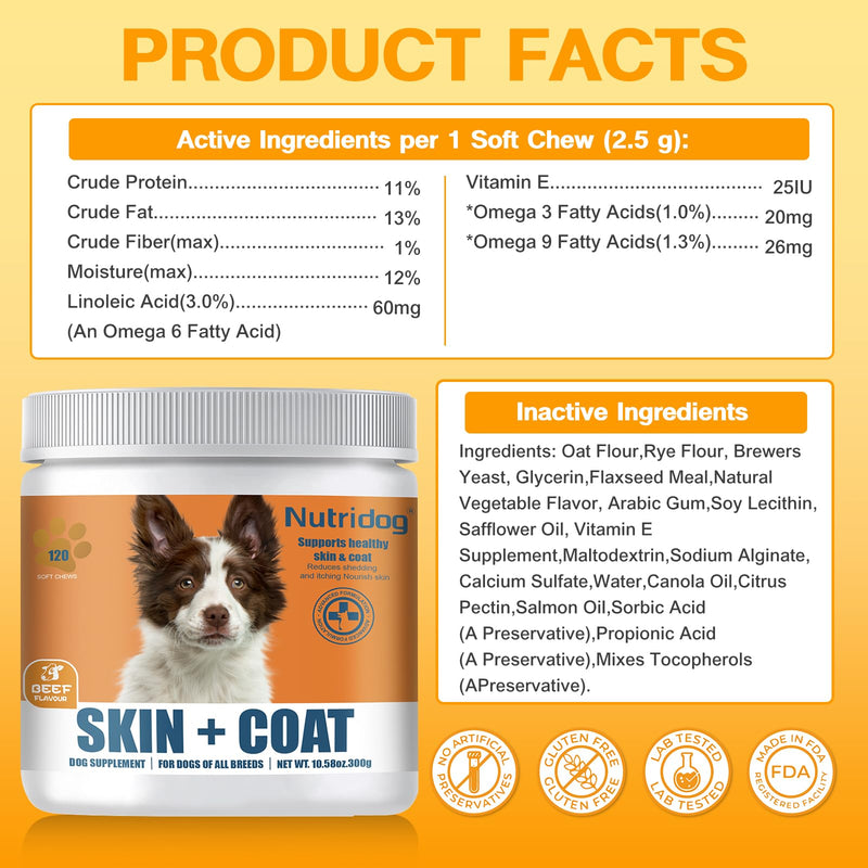 Dog Skin & Coat Chews 120 Count – Omega 3, 6 & 9 + Linoleic Acid & Vitamin E for Itching, Shedding & Allergy Relief, Dry Skin Support, Beef Flavor, All Breeds & Ages