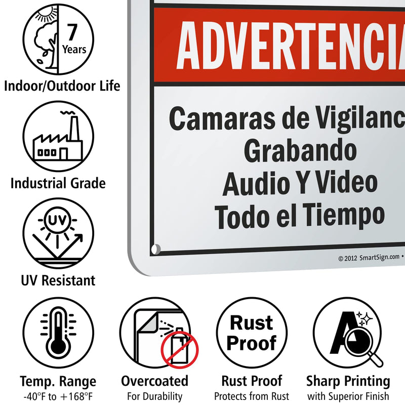 SmartSign "Warning - Audio & Video Surveillance On Duty At All Times" Bilingual Sign | 7" x 10" Aluminum 10" x 7"