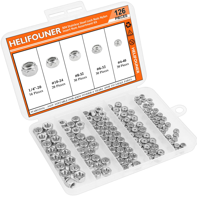 #4-40#6-32#8-32#10-24 1/4"-20 Lock Nuts, HELIFOUNER 126 Pieces 5 Sizes Nylon Insert Hex Lock Nuts Assortment Kit, 304 Stainless Steel (18-8) Locknuts, Coarse Thread #4-40 to 1/4"-20 Lock Nuts Kit