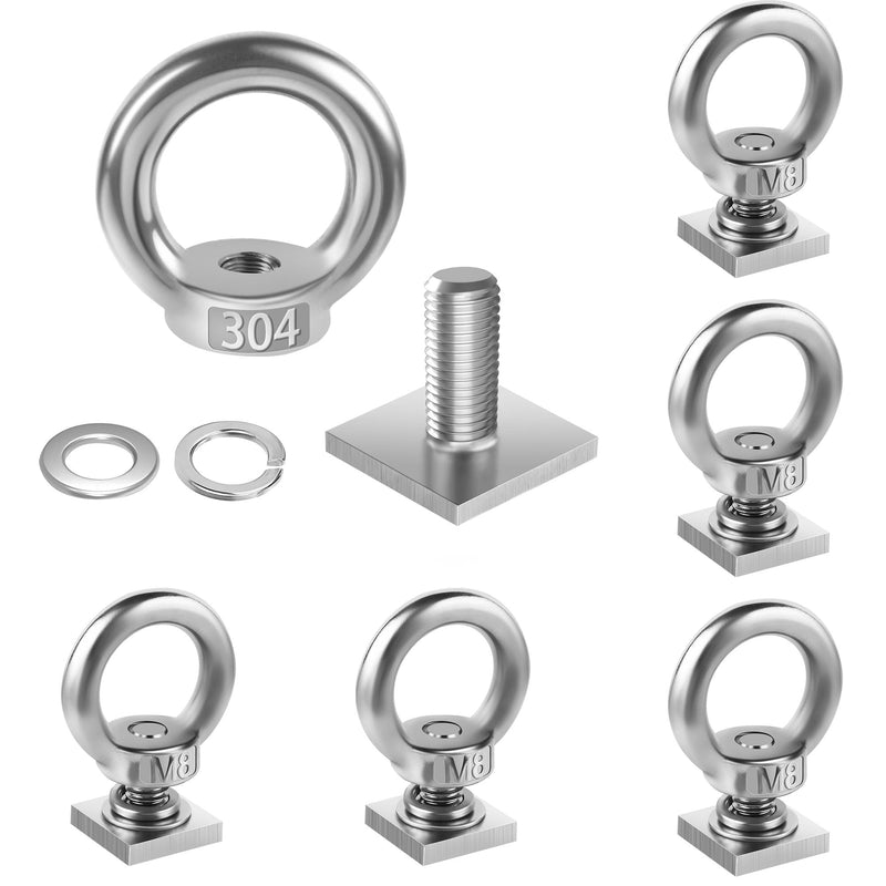 6 Pack Eye Nut with T-Slot Bolt, KWOKWEI M8 Heavy Duty Eye Bolts with Nuts, 304 Stainless Steel Roof Rack T Bolt Eye Nut for Holding Bungee Cord, Anchoring kit, Ropes Anchoring etc