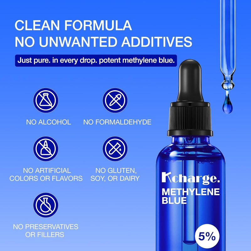 Kcharge 5% Methylene Blue Drops, USP Grade Liquid, 95ml / 3.21 fl oz | 5% methylene blue drops, USP grade liquid solution, COA-verified batch testing, amber glass bottle, precision dropper