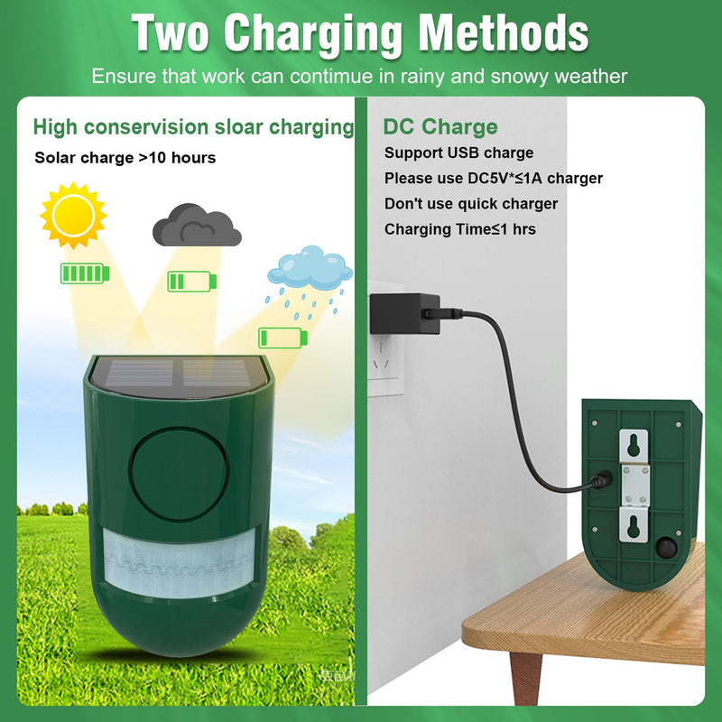 ChunHee Solar Motion Sensor Alarm Outdoor 4 Working Mode Motion Activated Alarm 129dB Loud Sound Noise Maker IP65 Waterproof Motion Detector with Strobe Light for Yard Farm Garden 2PC Green-2pack
