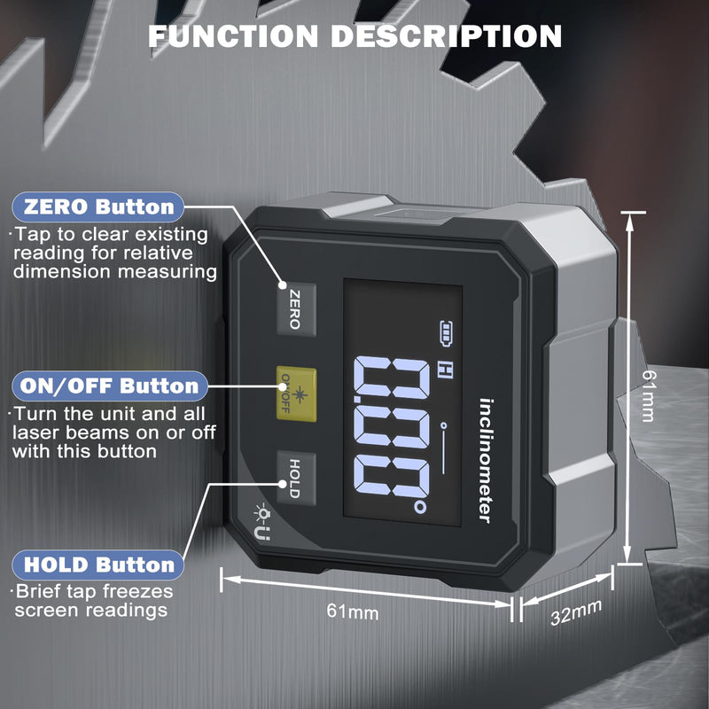 HDLNKAK Digital Angle Finder with Line Lasers, Rechargeable Laser Level, 4-side Strong Magnetic Angle Gauge, Backlit multifunctional Cube Protractor, Suitable for Woodworking,and Hanging Decorations.