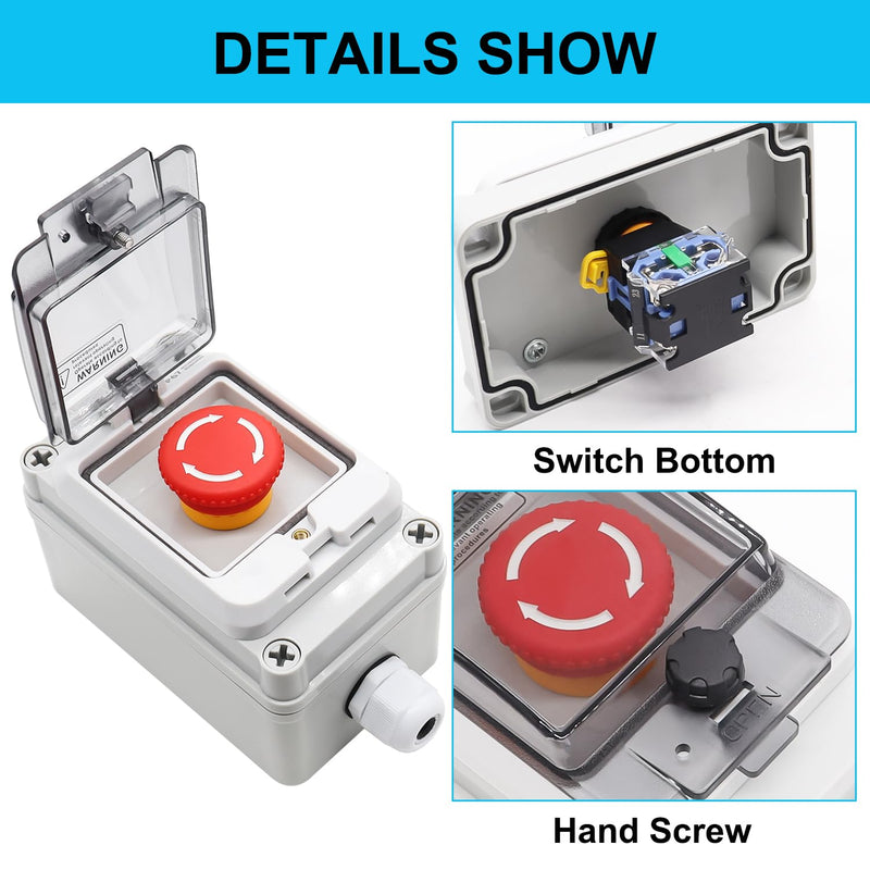 TWTADE e-Stop Push Button Switch with Box Outdoor IP67 Waterproof Emergency Stop Push Button Station Box 22mm 1NO 1NC Emergency Stop Switch with Protective Cover 1NO 1NC with IP67 Box