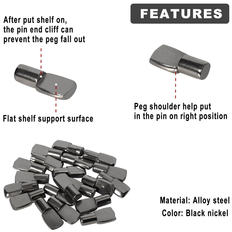 Shelf Pegs Pin Diameter 1/4 Inch for Cabinet Shelves Support Clips Holder, Spoon Shape, Black Nickel, Pack of 20 BlackNickel