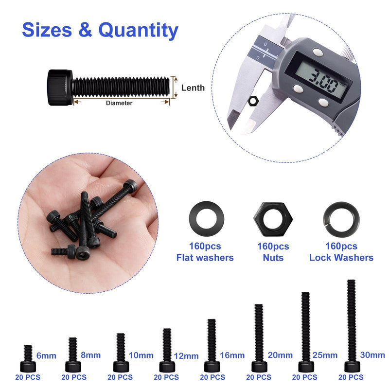 642Pcs M3 Screw Kit 12.9 Grade High Strength Carbon Steel M3 Screw Assortment M3 Bolts and Nuts Assortment Metric Machine Screw Assortment Black 6mm 8mm 10mm 12mm 16mm 20mm 25mm 30mm M3 642Pcs Socket Head （6mm-30mm）