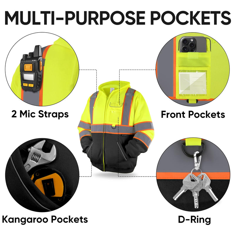 TICONN Safety Hoodie Jacket, High Vis Reflective Safety Fleece Hoodie, PPE Gear for Cold Weather Meet ANSI III X-Large Yellow&black