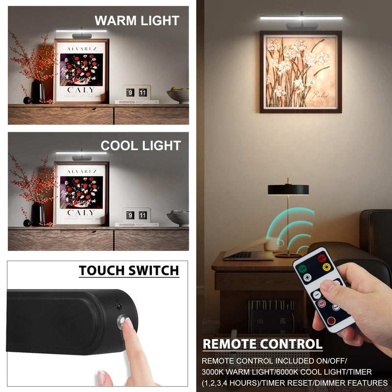 Picture Light Battery Operated,15" Wireless Accent Light for Wall, Remote Painting Light with Timer and Dimmable for Art,Display,Frame,Mirror-Black Black 15INCH