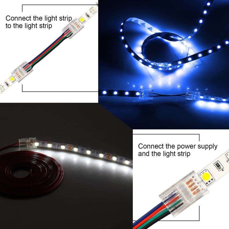 Zhengmy 20 Pack 4 Pin 10mm Solderless LED Strip Connector Transparent Track Lighting LED Pin Connectors with Wire Strip 16.4ft for 5050(4 Pin, 10 mm) 4 Pin, 10 mm